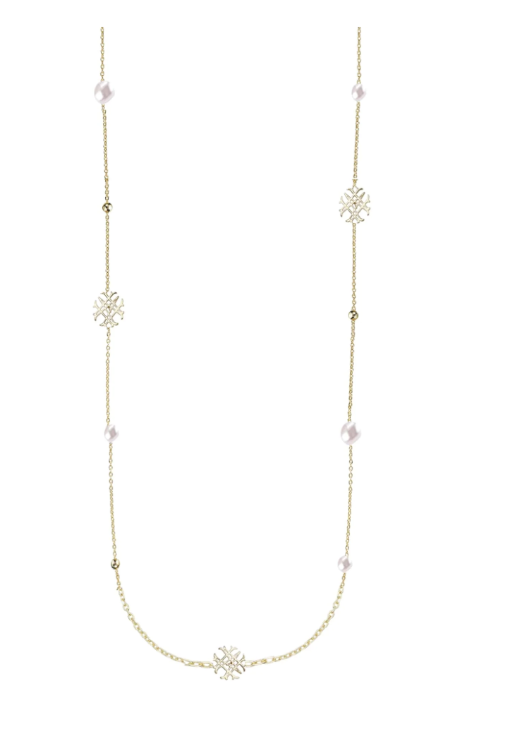 Adorned Pearl Logo Station Necklace, Gold