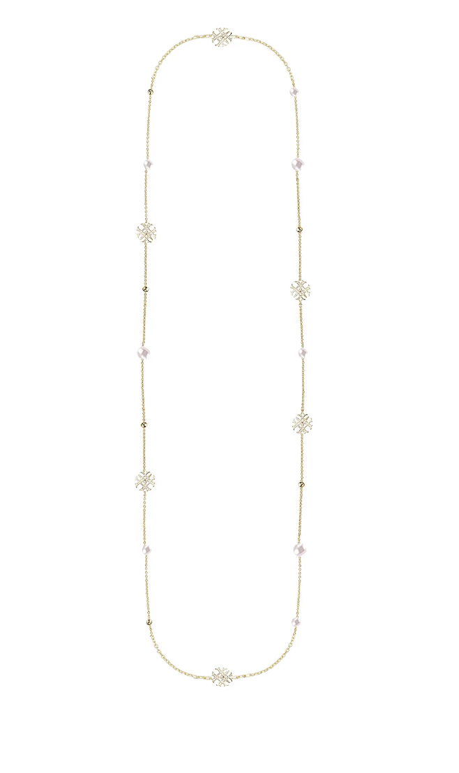 Adorned Pearl Logo Station Necklace, Gold