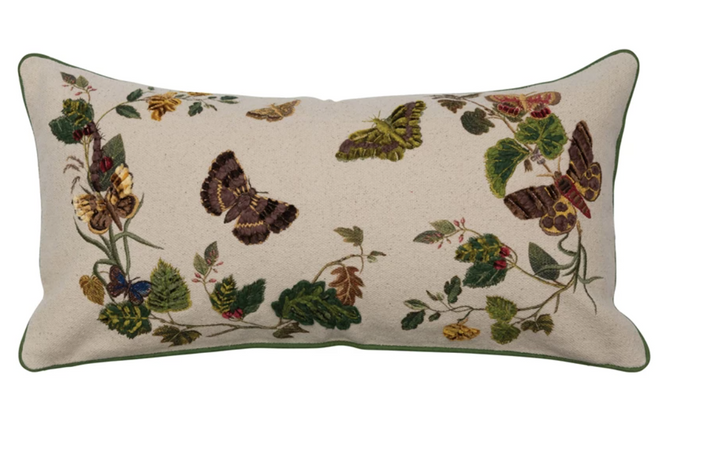 24" x 12" Cotton Lumbar Pillow w/ Butterflies, Flowers, Embroidery & Piping