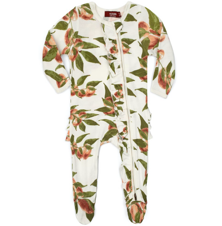 Peaches Bamboo Ruffle Zipper Footed Romper