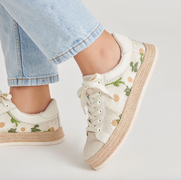 Azalia Sneakers, White Floral Raffia