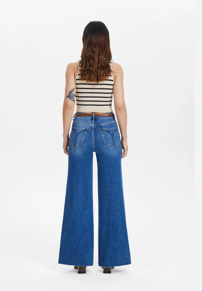 Utility Patch Pocket High Rise Wide Leg Jeans, Dark Indigo