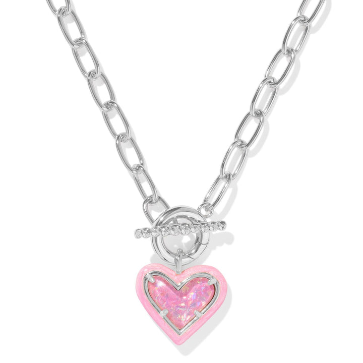 Ari Silver Heart Chain Necklace, Pink Iridescent Glitter