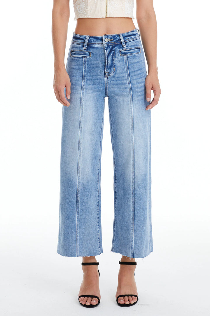 High Rise Wide Leg Jean w Raw Hem, Ice Blue