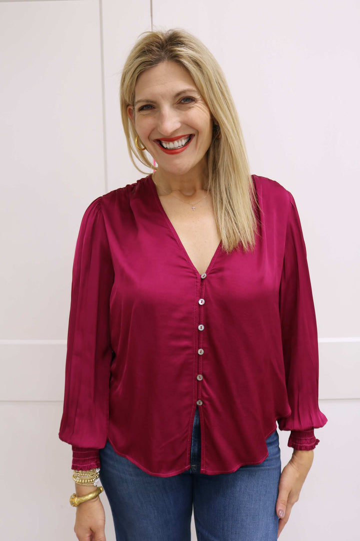 Smocked Cuff Button Down, Dark Fuchsia