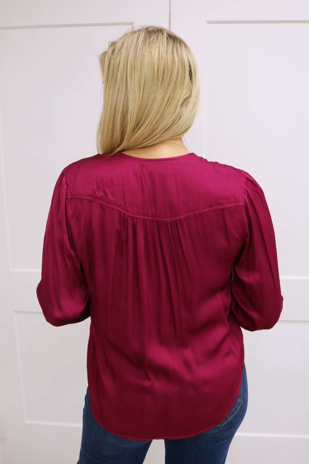 Smocked Cuff Button Down, Dark Fuchsia