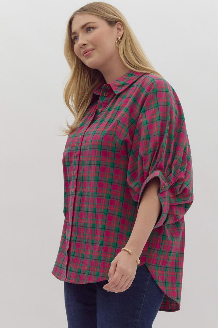 Sadie Oversized Button Down Top, Pink/Green Combo