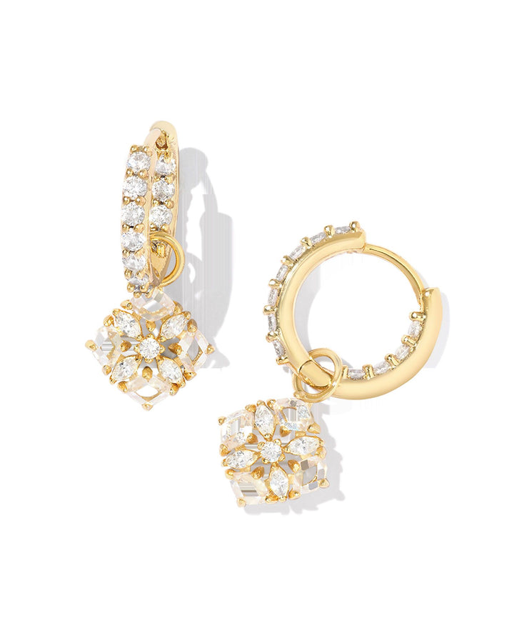 Dira Gold Huggie Earrings, White Crystal